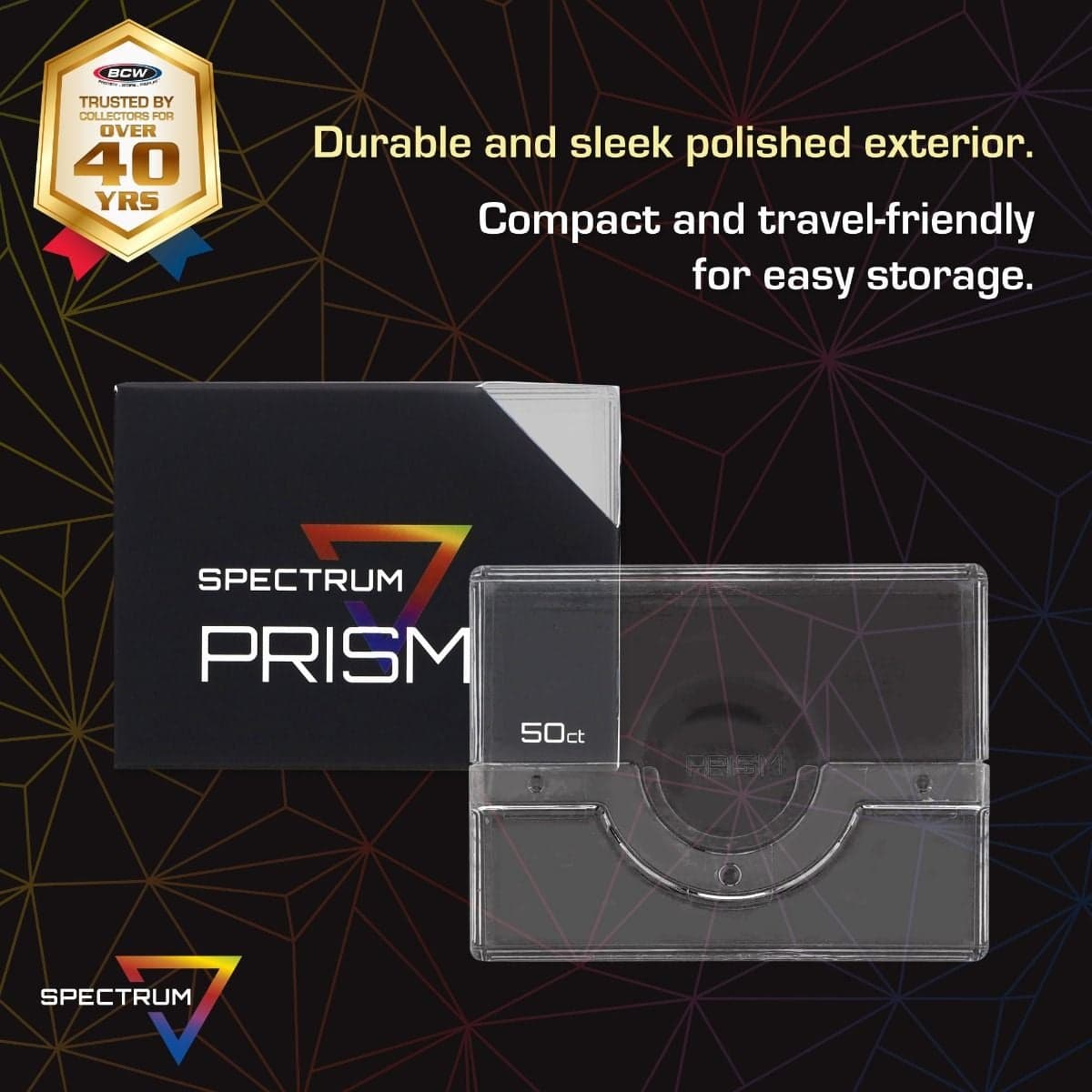 Spectrum Prism Deck Case-50 CT-Crystal Clear infographic, Durable and sleek polished exterior. Compact and travel-friendly for easy storage.