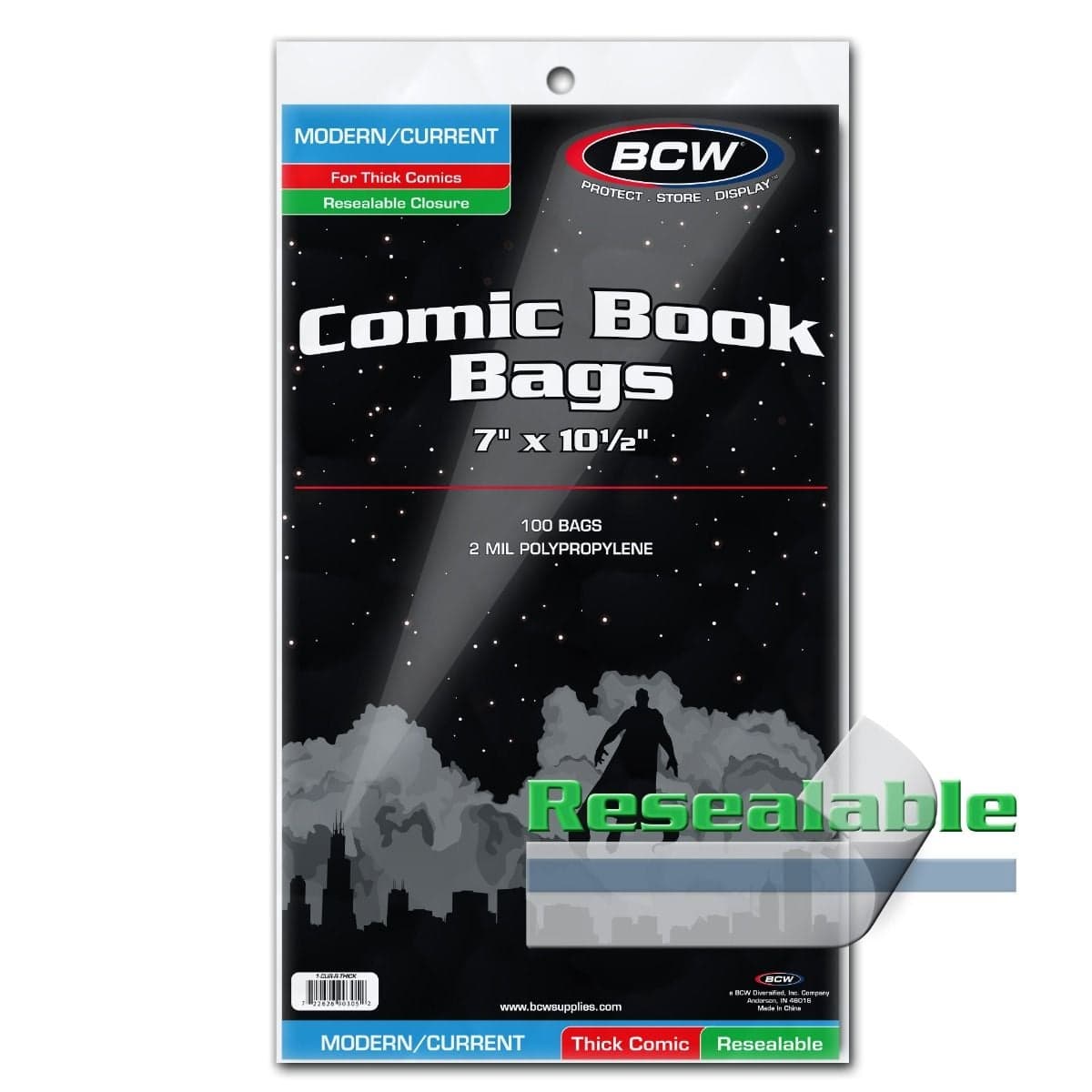 BCW Resealable and Thick Comic Book Bags. Current, Modern. 100 bags packaging