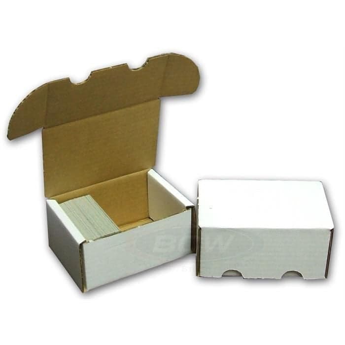 2 BCW 300 count boxes, one closed, one open partially filled with cards