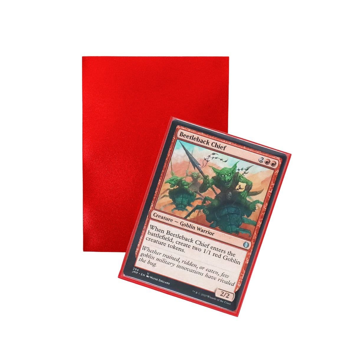 Iridian Matte Sleeves - Red. standard fit, 100 sleeves per box. back of sleeve with tcg card in sleeve