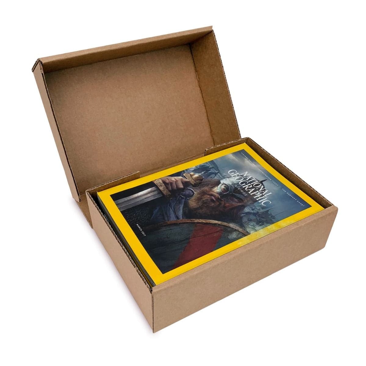 BCW comic book mailer open with National Geographic magazines inside, angle view