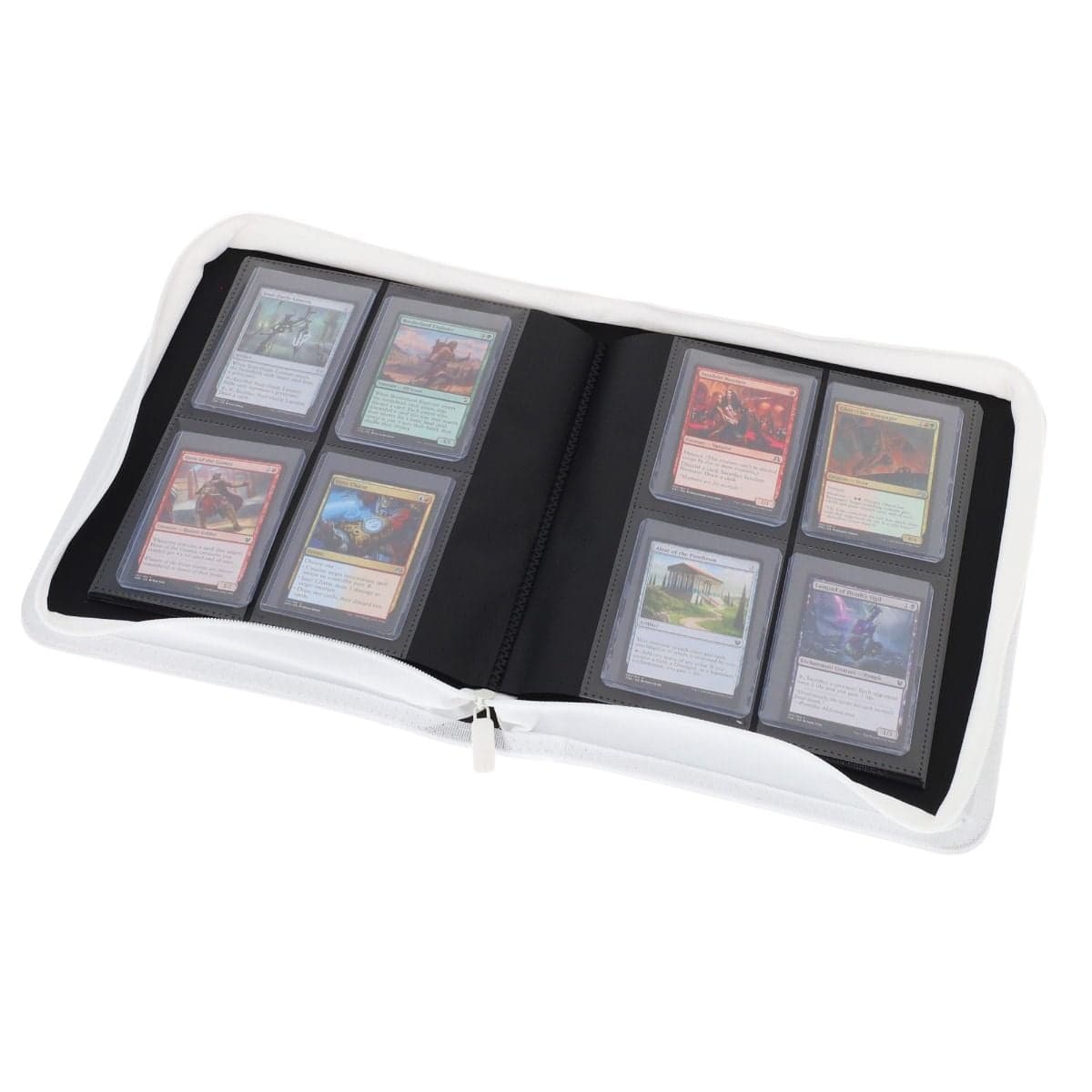 BCW Z-Folio 4-Pocket LX Album - Toploaders - White opened, angled, full of magic cards in toploaders