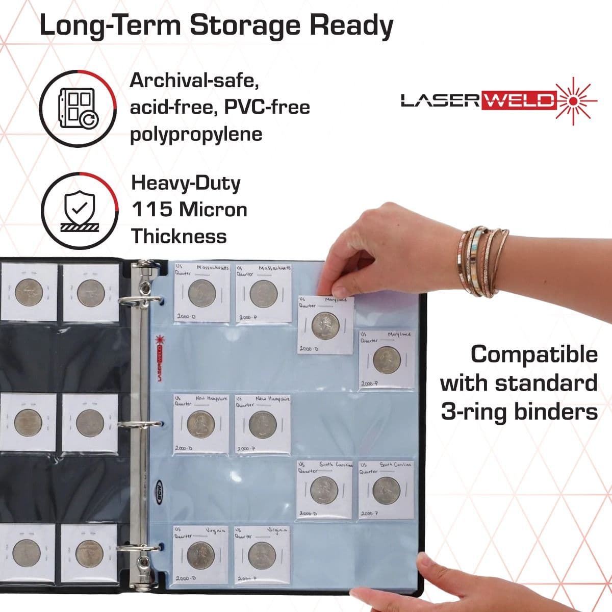 Infographic: BCW LaserWeld coin storage pages displayed in a standard 3-ring binder with labeled coin flips, highlighting archival-safe acid-free PVC-free polypropylene construction, heavy-duty 115 micron thickness, and long-term storage protection for co