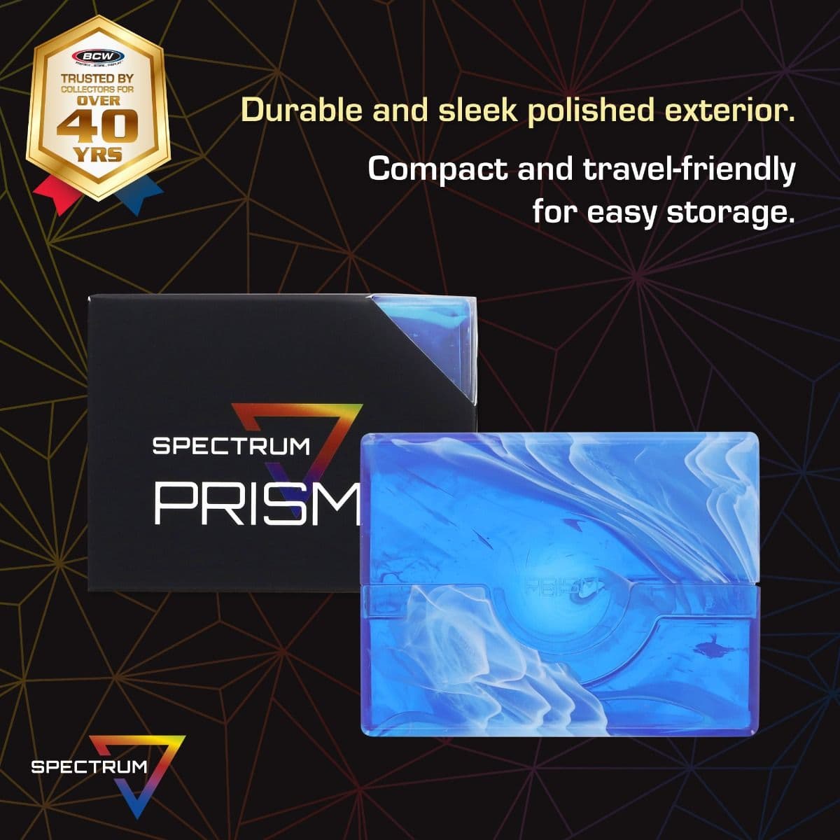 Spectrum Prism Deck Case - 50 CT - Apatite Blue infographic, Durable and sleek polished exterior. Compact and travel-friendly for easy storage.