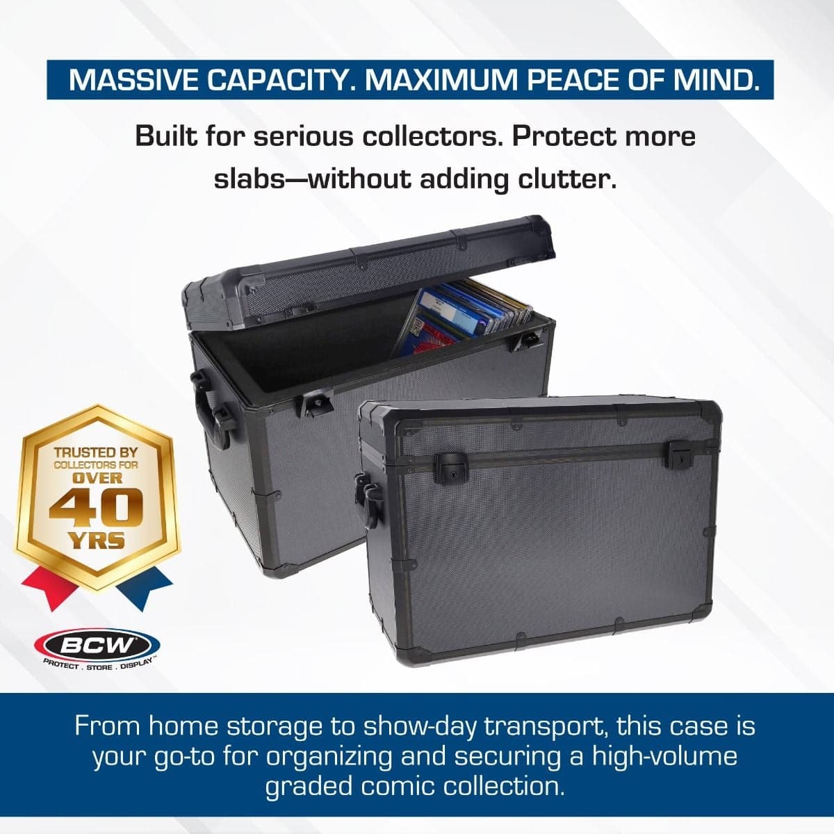 Infographic: Massive Capacity. Maximum Peace of Mind. From home storage to show-day transport, this case is a go-to for organizing and securing a high-volume graded comic collection.