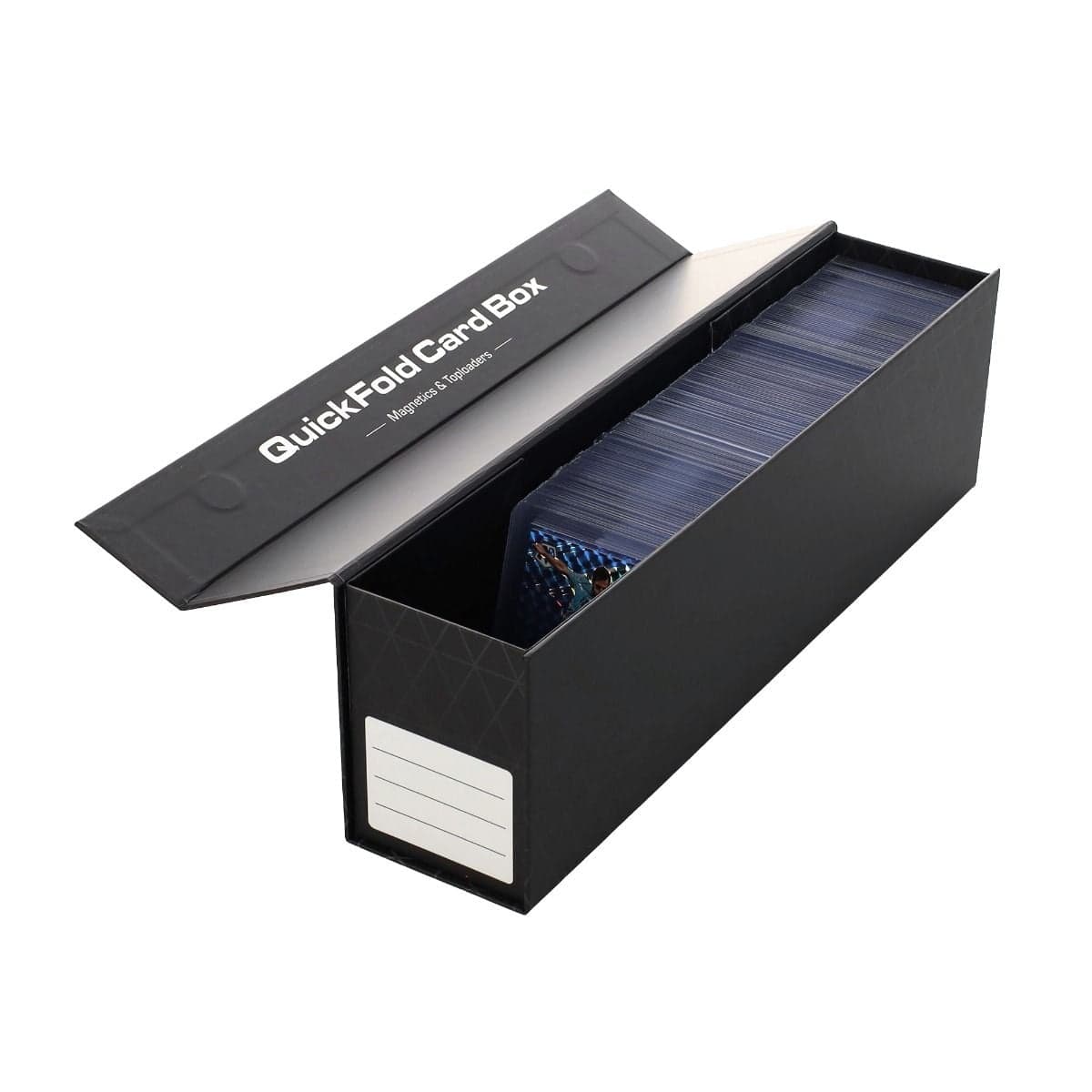 BCW Quick Fold Card Box. Magnetics and Toploaders. 14 inches. Black design. front label. magnetic lid. ships flat, folds and seals into box. 3 per pack. Open with toploaders
