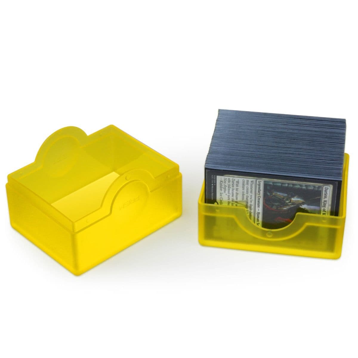 One Spectrum prism deck case in xanthic yellow which is open and showing cards in BCW deck guards.