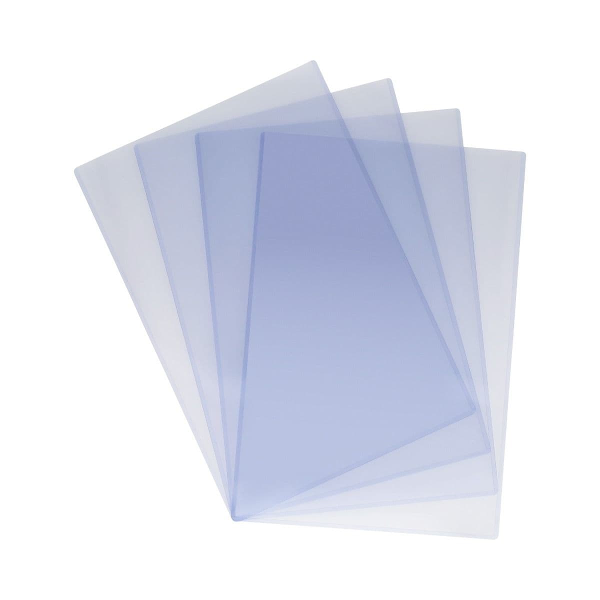 Fanned stack of clear BCW 12x18 rigid top loaders designed for protecting, storing, and displaying oversized prints and posters.