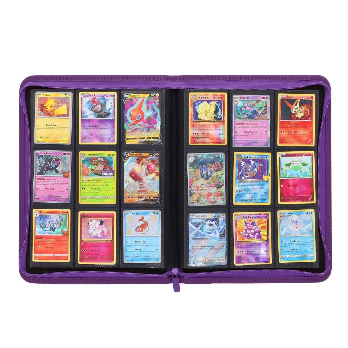 BCW Z-Folio 9-Pocket Album - Purple, inside view of middle fold of binder, full of pokemon cards to showcase it's storage capabilities