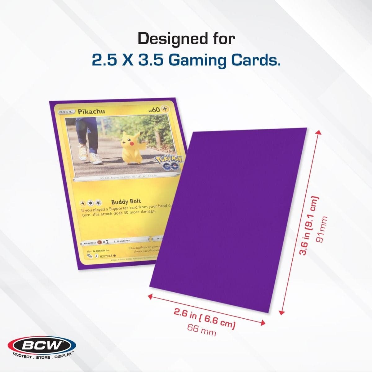 BCW Deck Guard - Double Matte - Purple infographic, specs and measurements, Designed for 2 1/2" x 3 1/2" Gaming Cards.