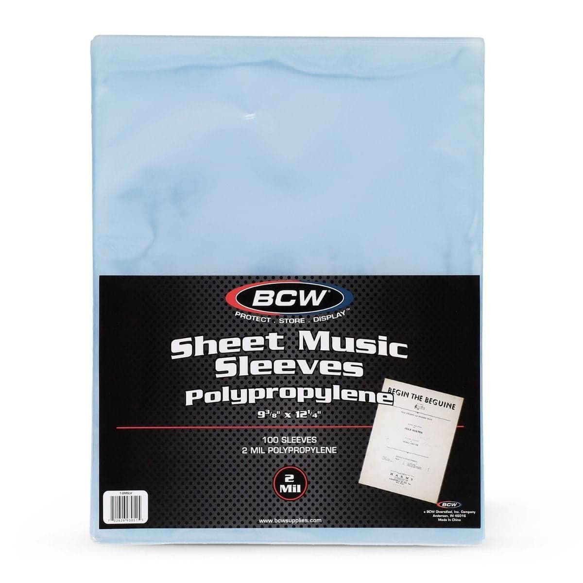 Front view of BCW Sheet Music Sleeves packaging showing 100 archival-safe 2 mil polypropylene sleeves sized 9 3/8 x 12 1/4 inches for protecting and storing sheet music.