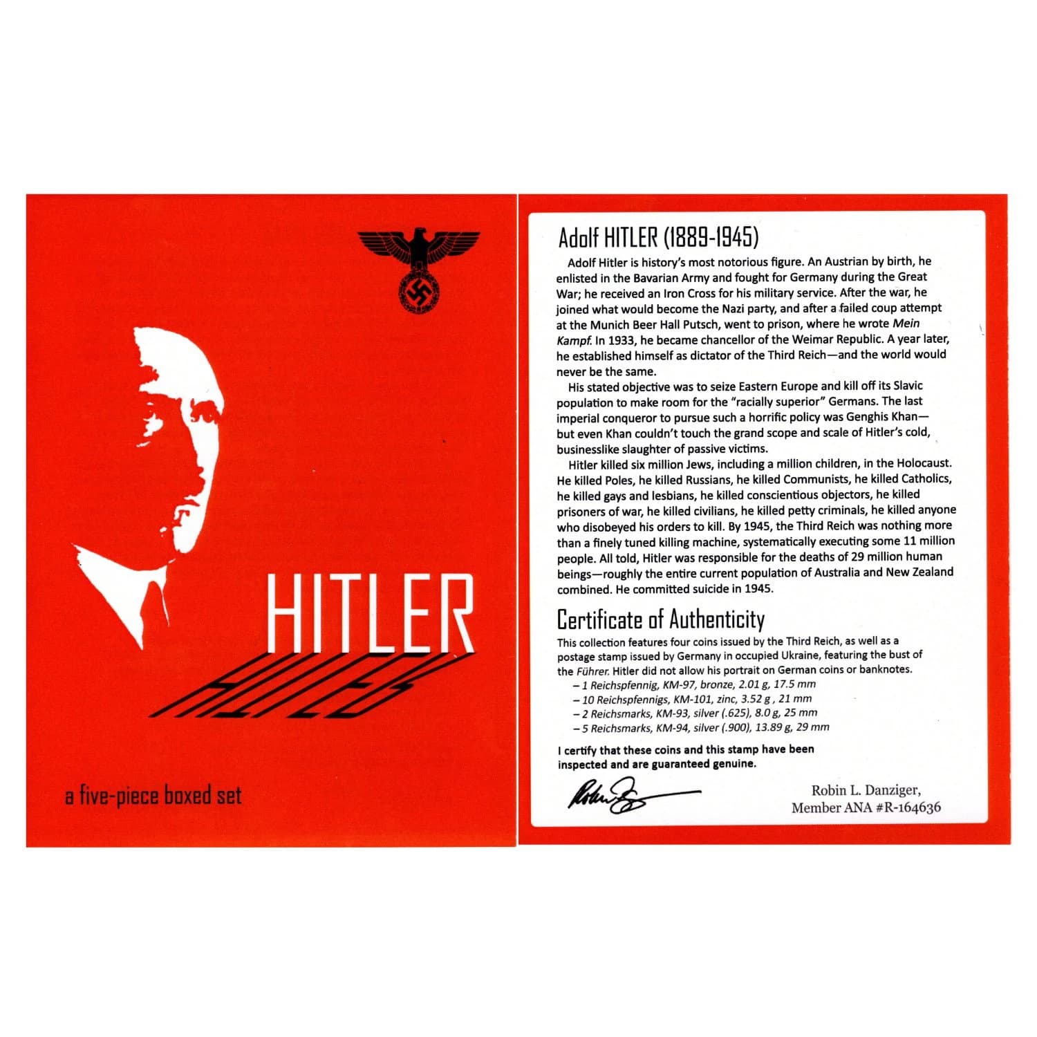 Adolf Hitler: A collection of four coins and one stamp (Five-Coin Box) - Image 3