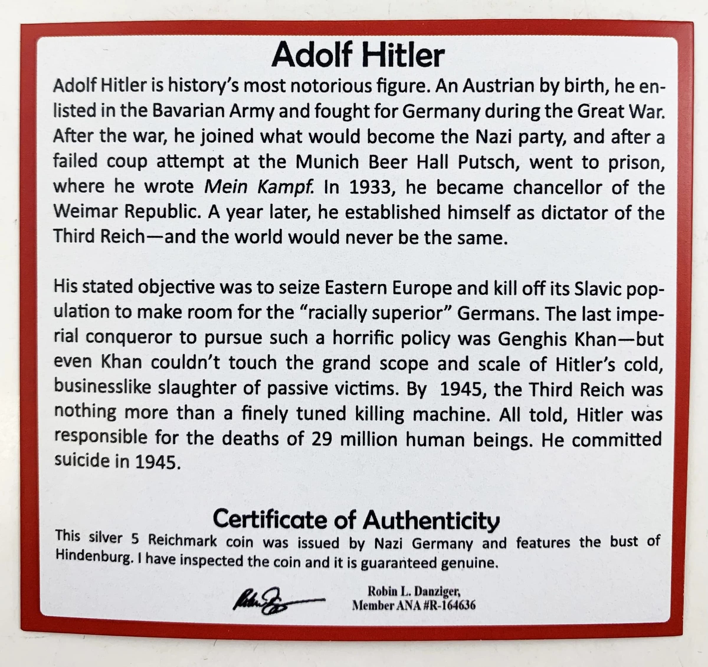Adolph Hitler: Silver 5 Reichsmark Box (black box) - Image 3