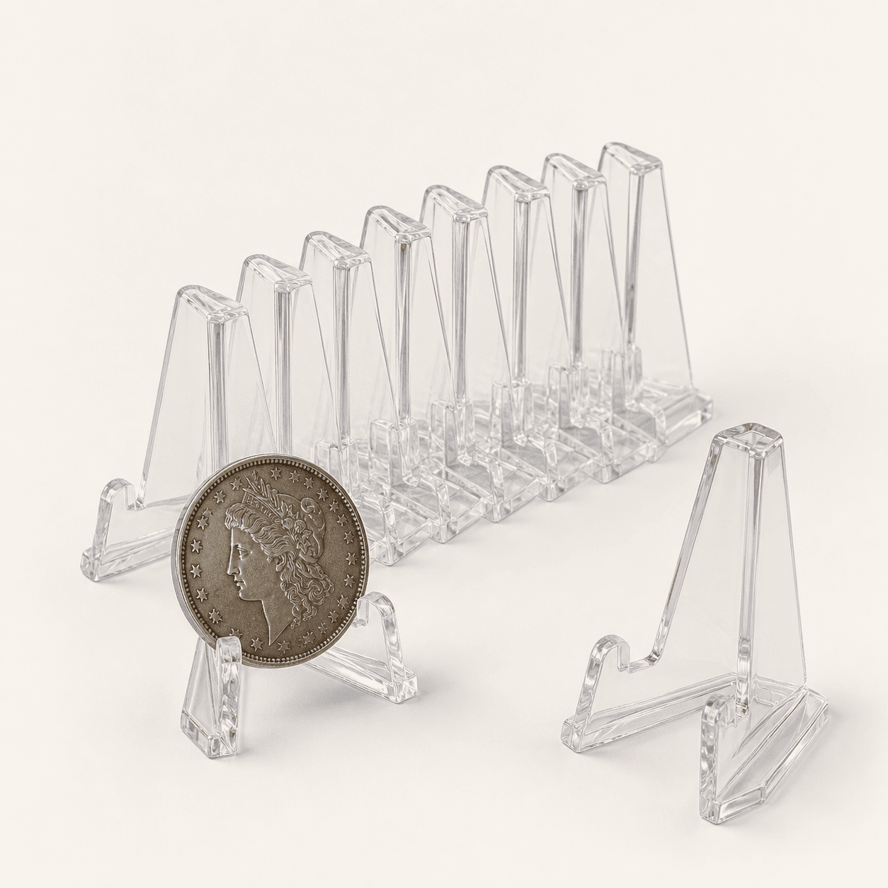 Original representative image of clear acrylic easel-style coin display stands shown as a ten-pack.
