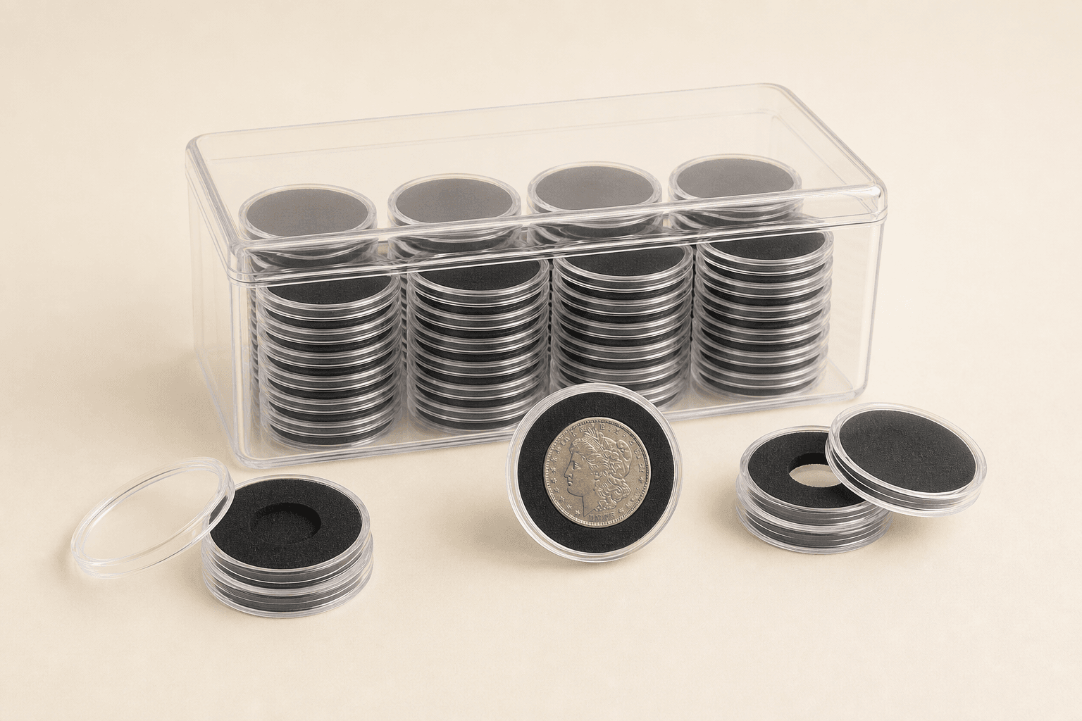 Original representative image of clear 41 mm coin capsules with black foam-style inserts and an organizer box.