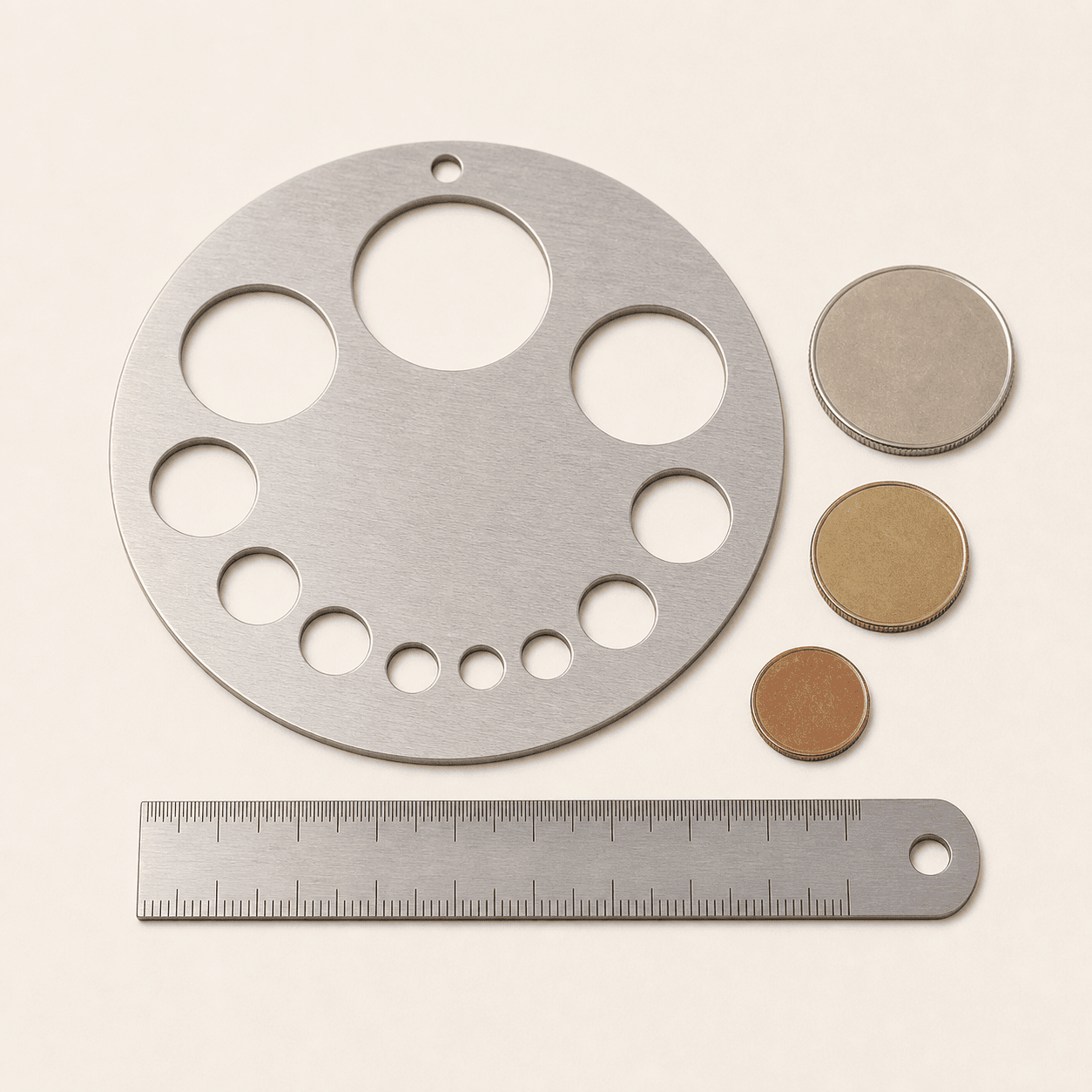 Original representative image of a circular metal coin-sizing template, compact ruler, and three generic coins.