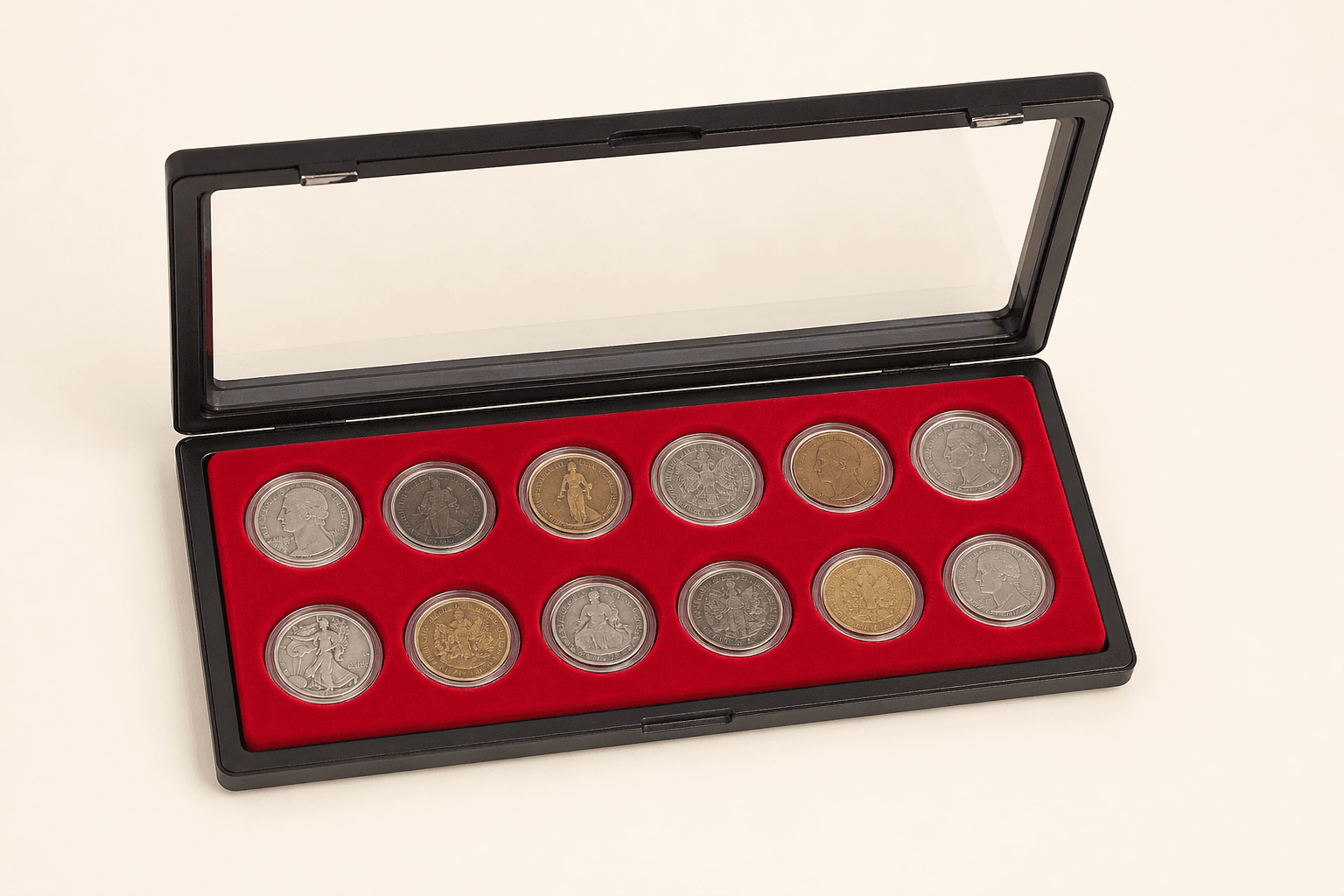 Original representative image of a compact twelve-slot case for displaying encapsulated coins.