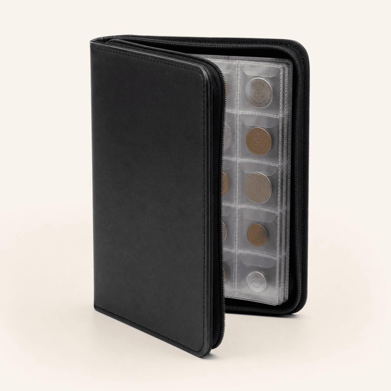 Original representative image of a black zippered coin organizer album with clear coin-pocket pages.