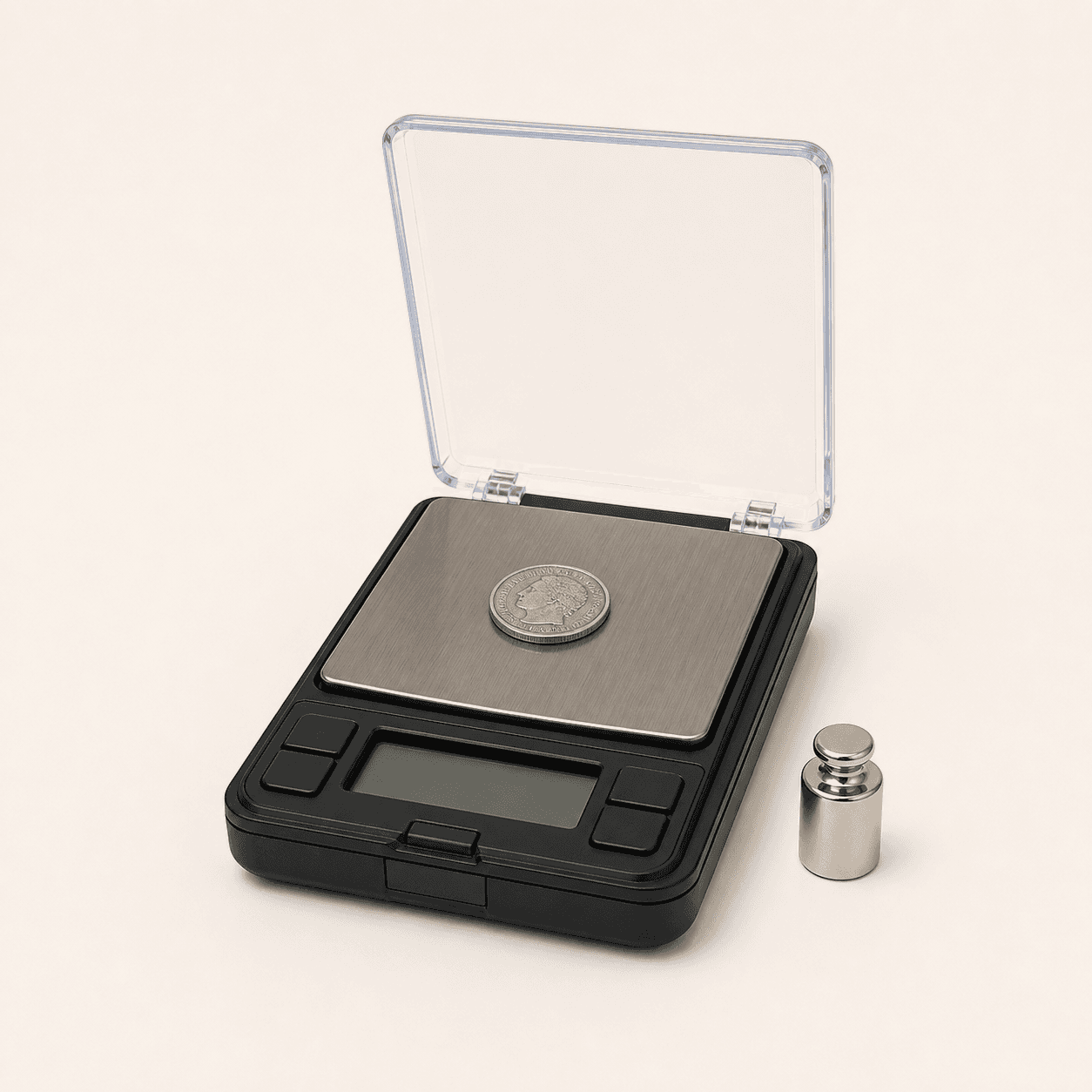 Original representative image of a compact covered digital pocket scale for hobby coin weighing.