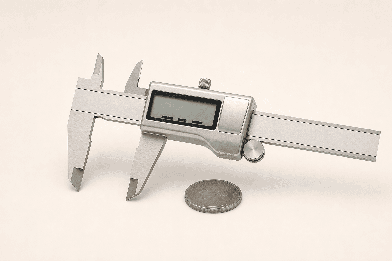 Original representative image of a stainless steel digital caliper for measuring coin dimensions.