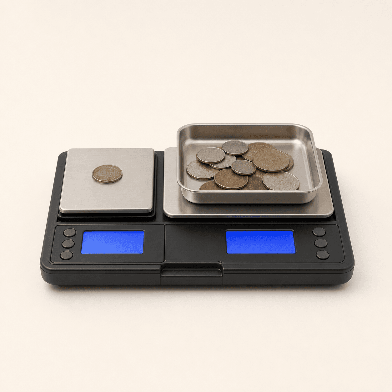 Original representative image of a black digital scale with separate small and large stainless weighing platforms.