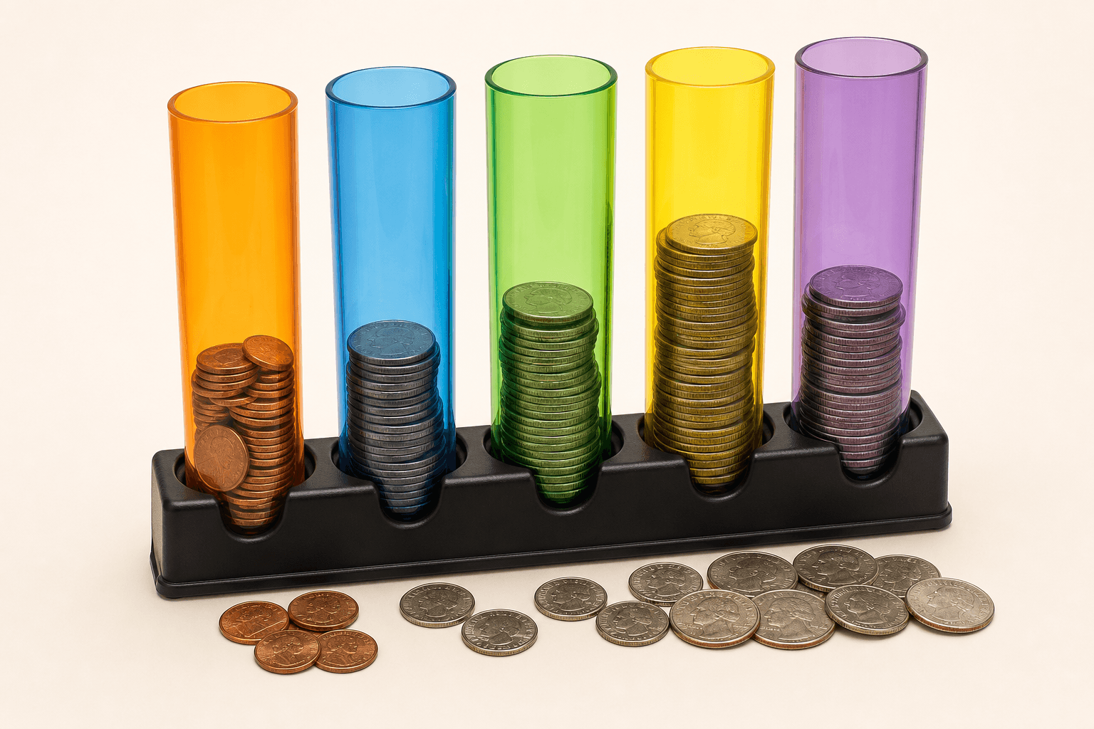 Original representative image of a sloped coin-sorting tray with five removable tubes.