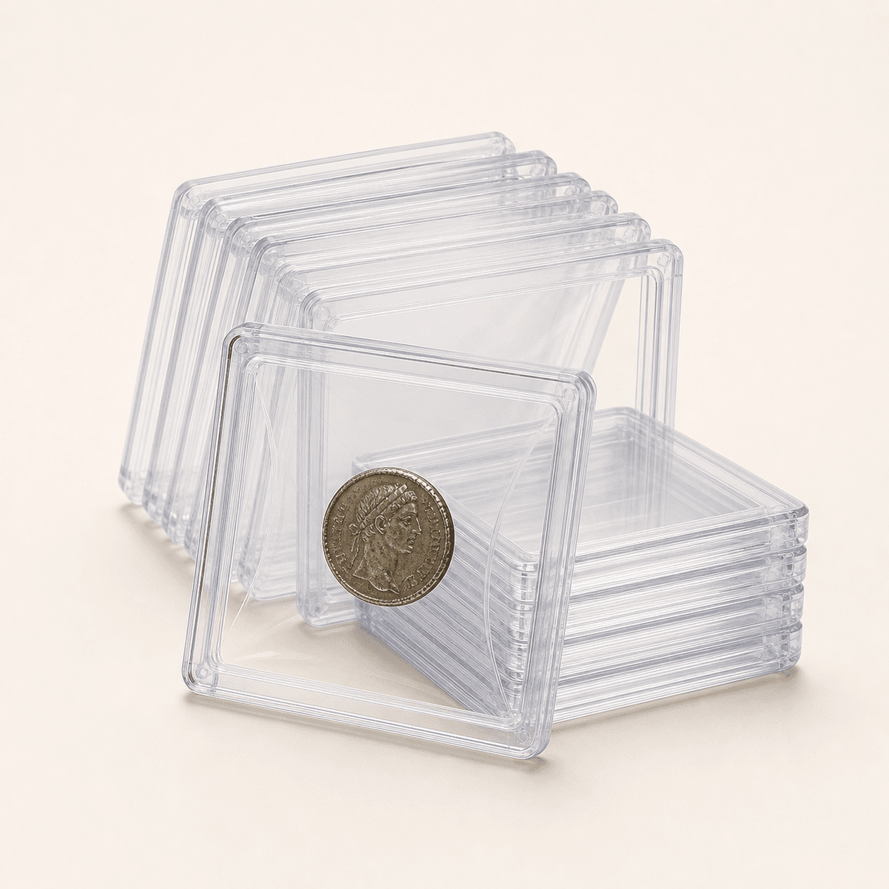 Original representative image of clear floating display frames for coins, shown as a ten-pack.
