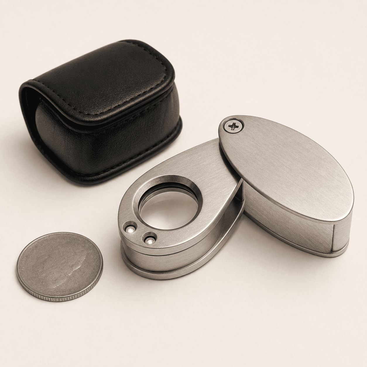 Original representative image of an open brushed-metal folding jeweler's loupe with two small inspection lights and a black case.