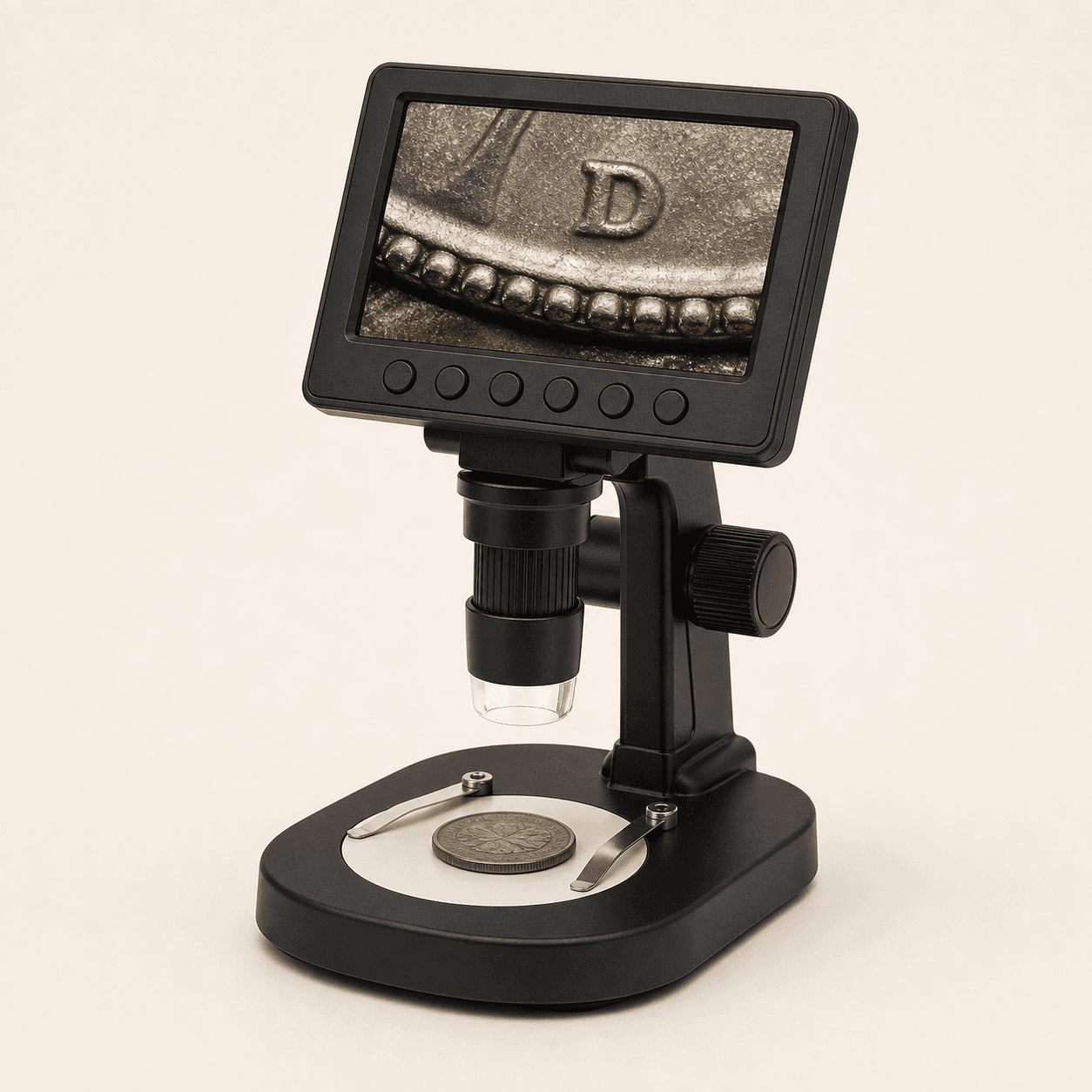 Original representative image of an LCD digital microscope on a desktop stand for hobby coin inspection.