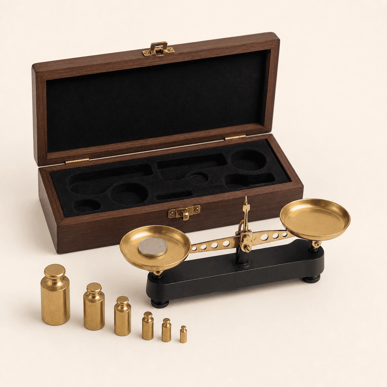 Original representative image of a small two-pan mechanical balance with brass-colored weights and a wood-look case.