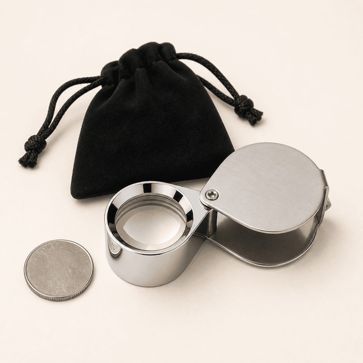 Original representative image of an open polished-metal optical loupe with a black drawstring pouch.