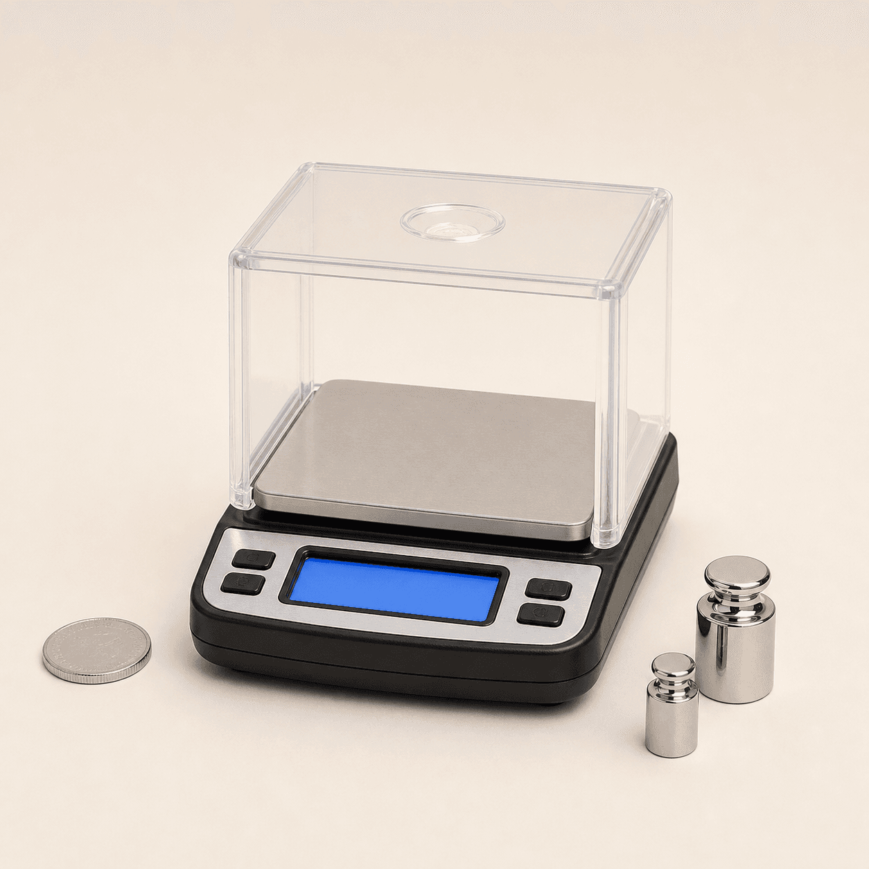 Original representative image of a compact digital scale with a clear draft shield and calibration-style weights.