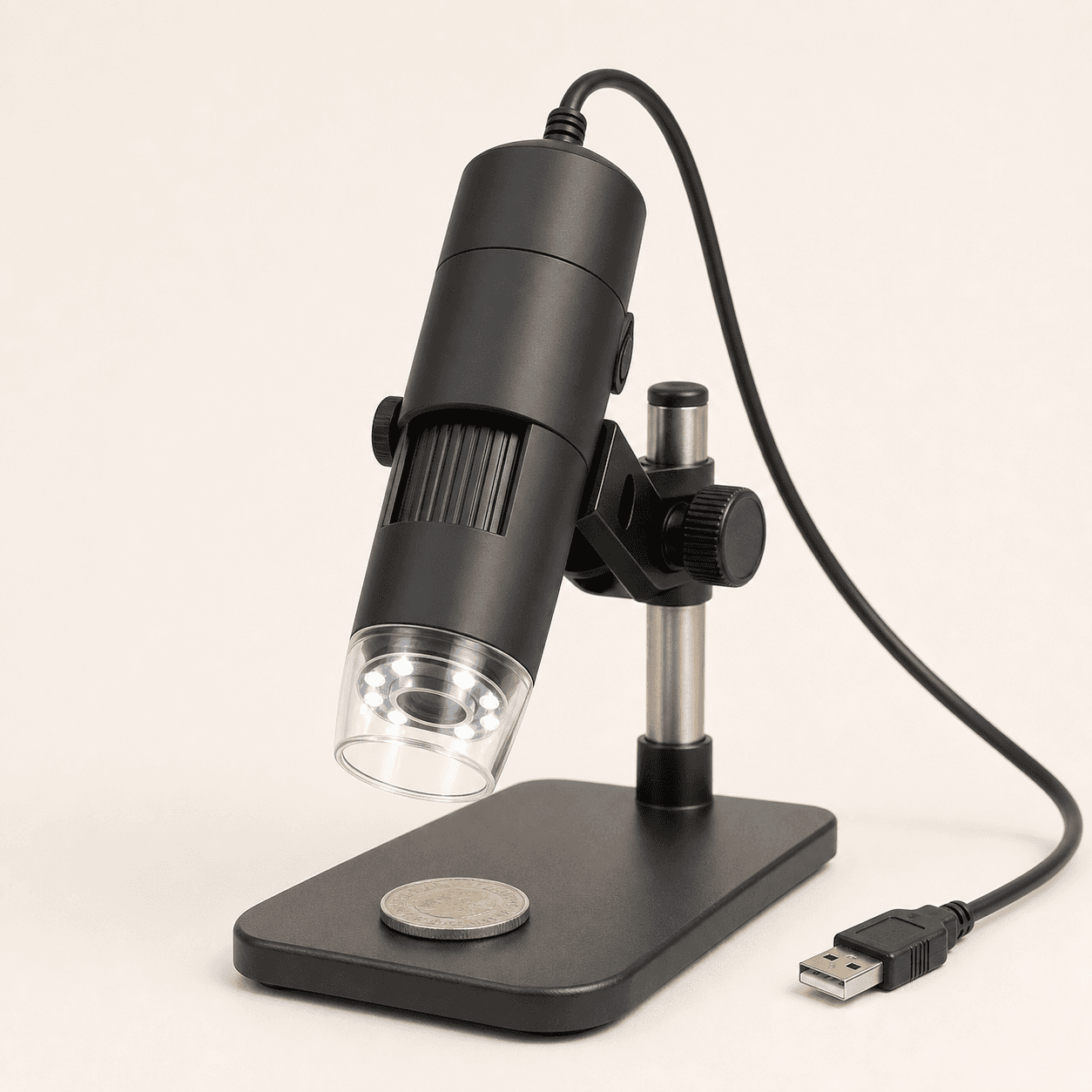 Original representative image of a compact USB microscope with stand for hobby coin inspection.