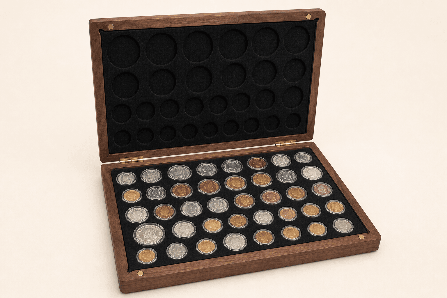 Original representative image of a wood-look coin display case with 33 capsule-style positions.