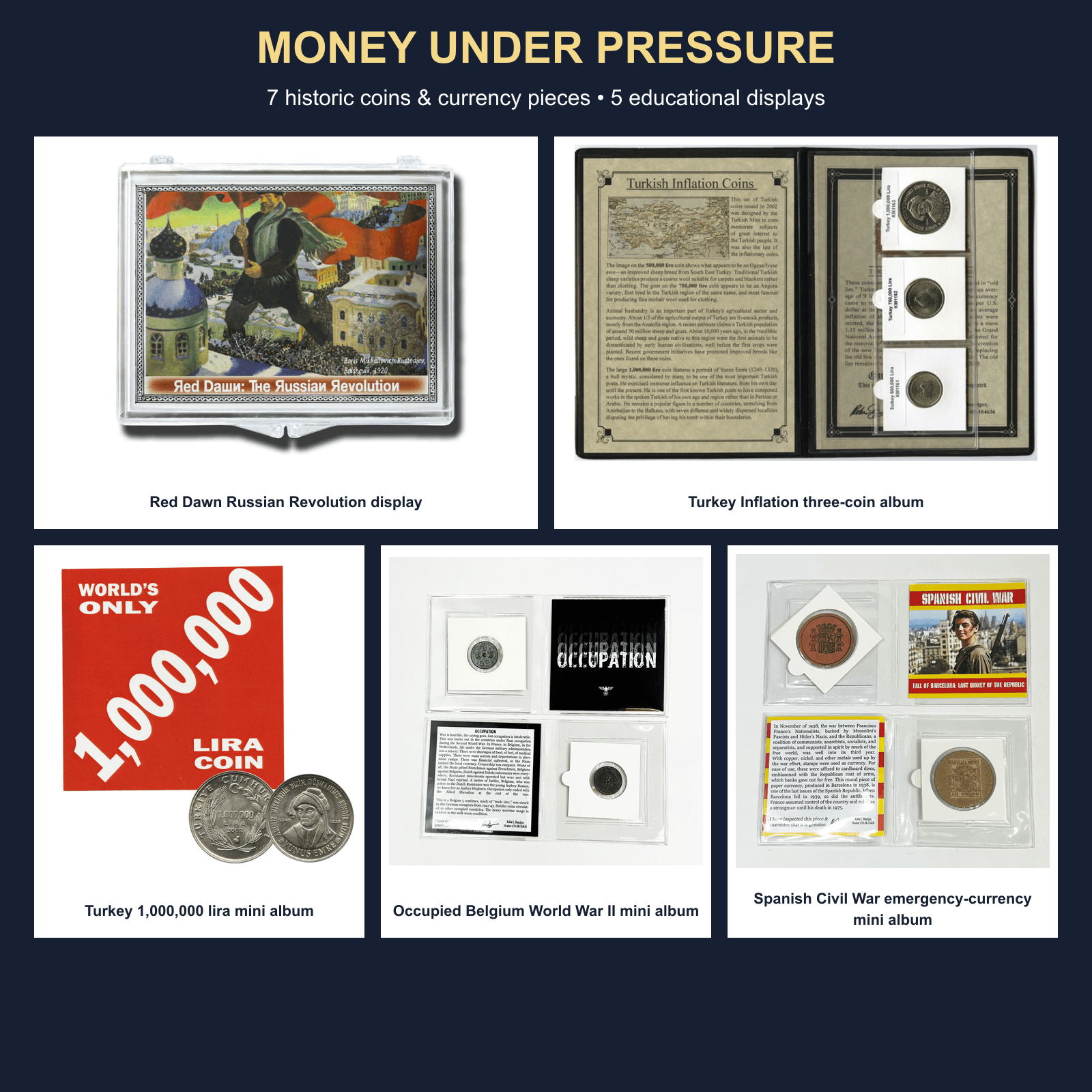 Money Under Pressure seven-piece historic coin and currency collection