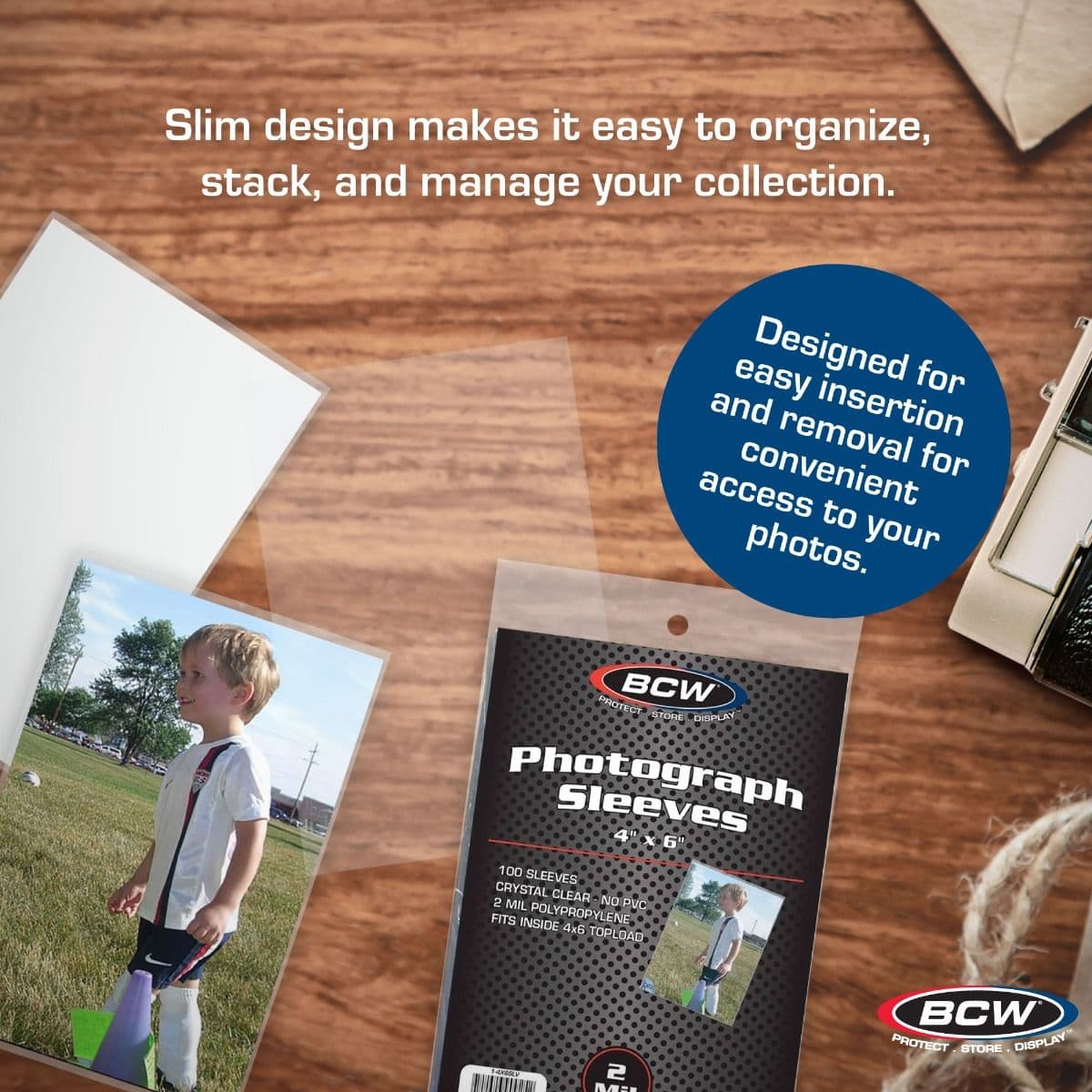 BCW Photograph Sleeves 4" x 6" 100 sleeves Infographic - "Designed for easy insertion and removal for convenient access to your photos."