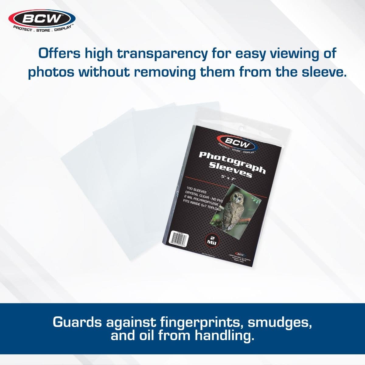 BCW 5x7 Photo Sleeves infographic, transparency for easy viewing