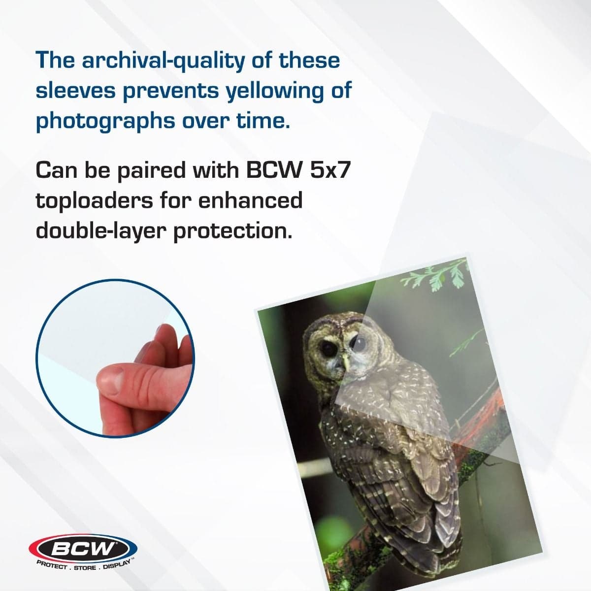 BCW 5x7 Photo Sleeves infographic, archival quality prevents yellowing of items over time