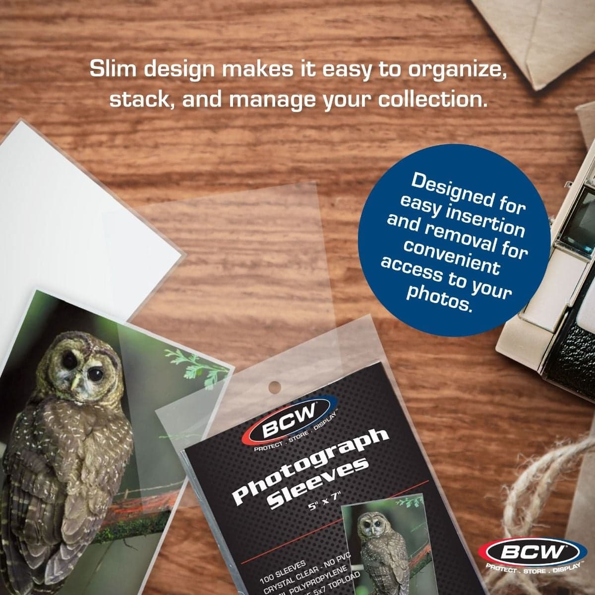 BCW 5x7 Photo Sleeves infographic, slim design for easy organization
