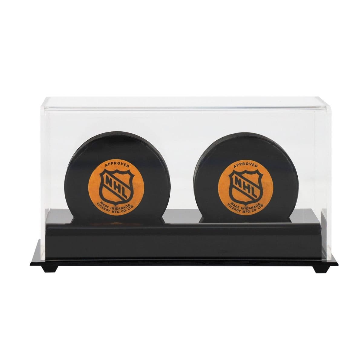 BCW Acrylic Double Hockey Puck Display with two pucks inside front