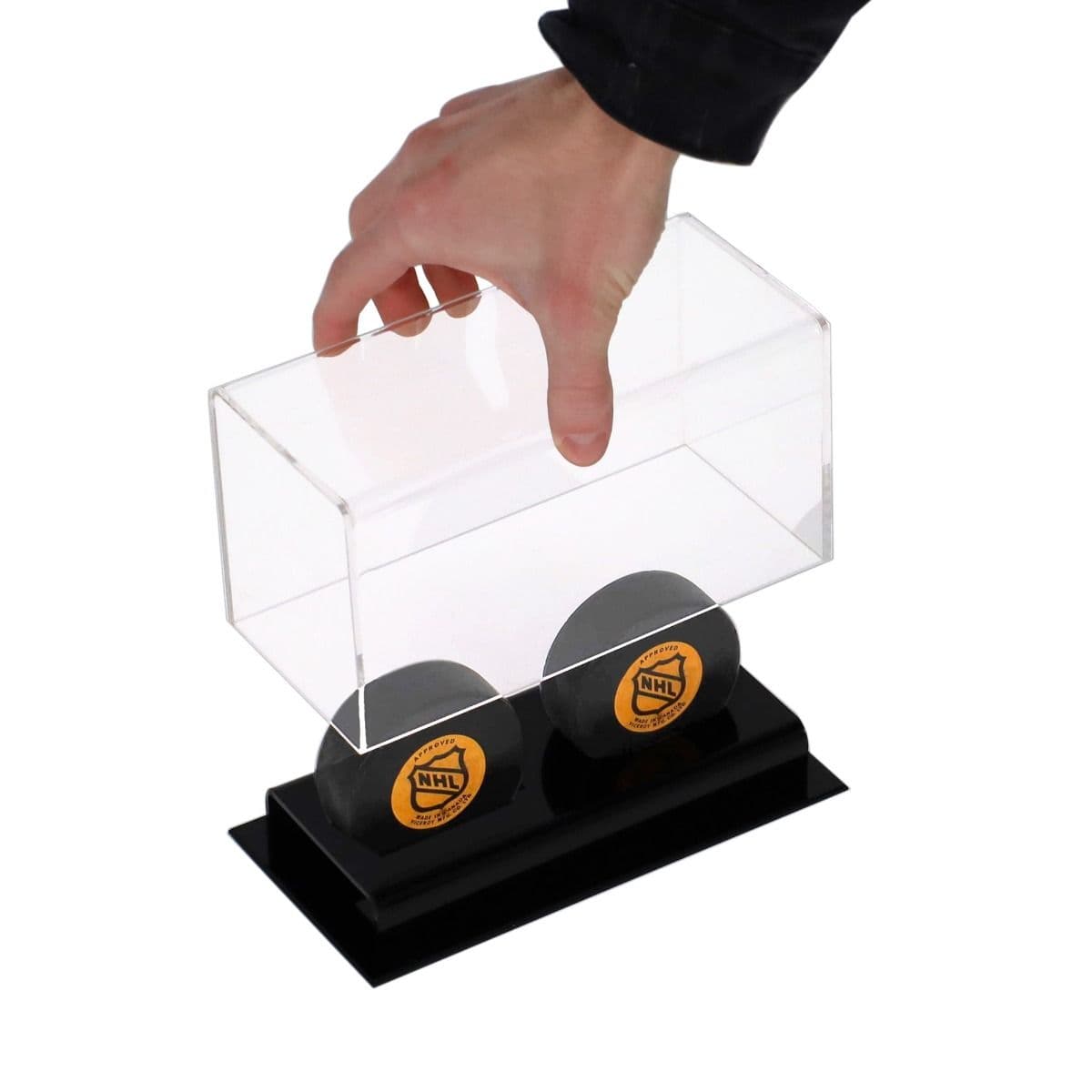 BCW Acrylic Double Hockey Puck Display with two pucks inside lifting lid