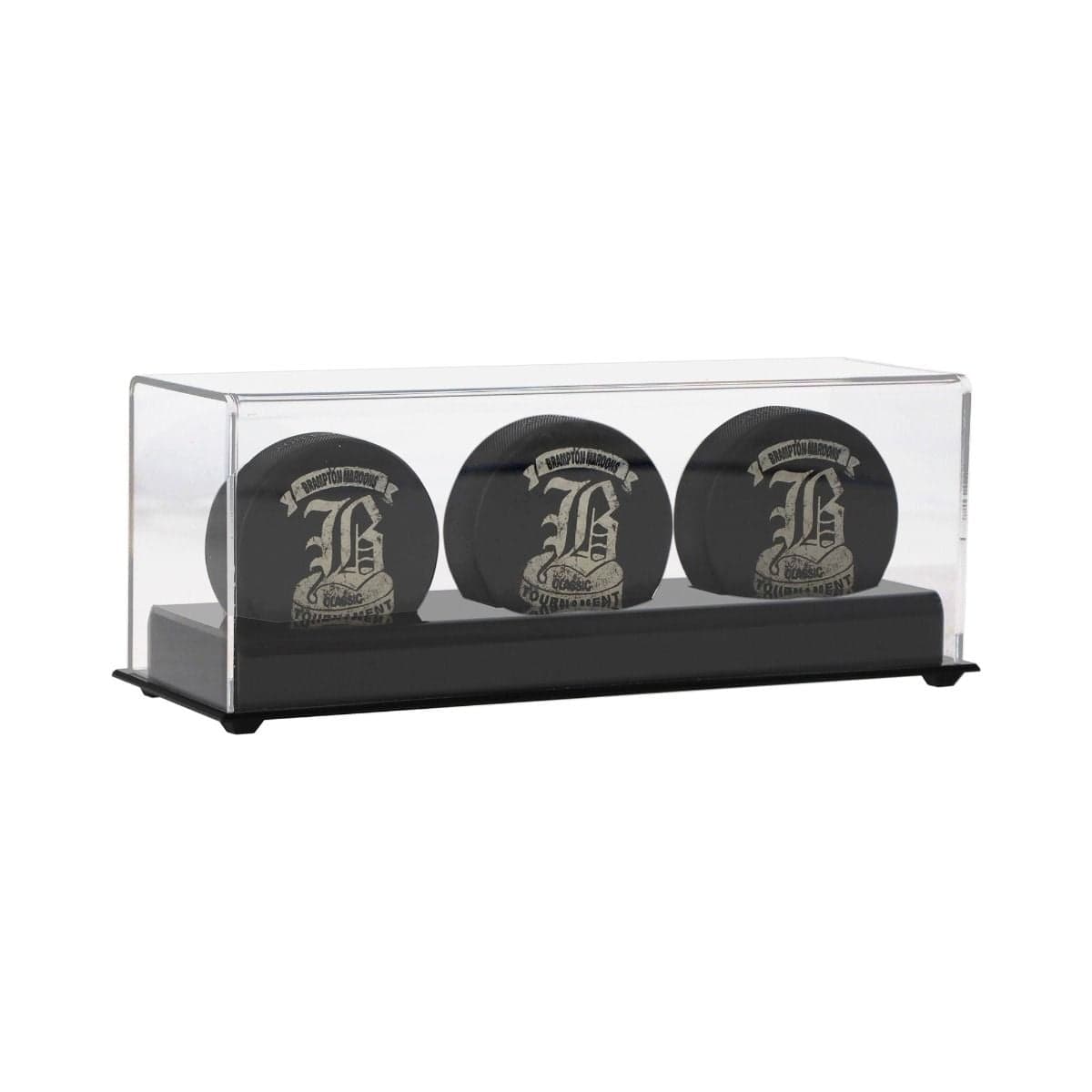 BCW Acrylic Triple Hockey Puck Display with three pucks inside