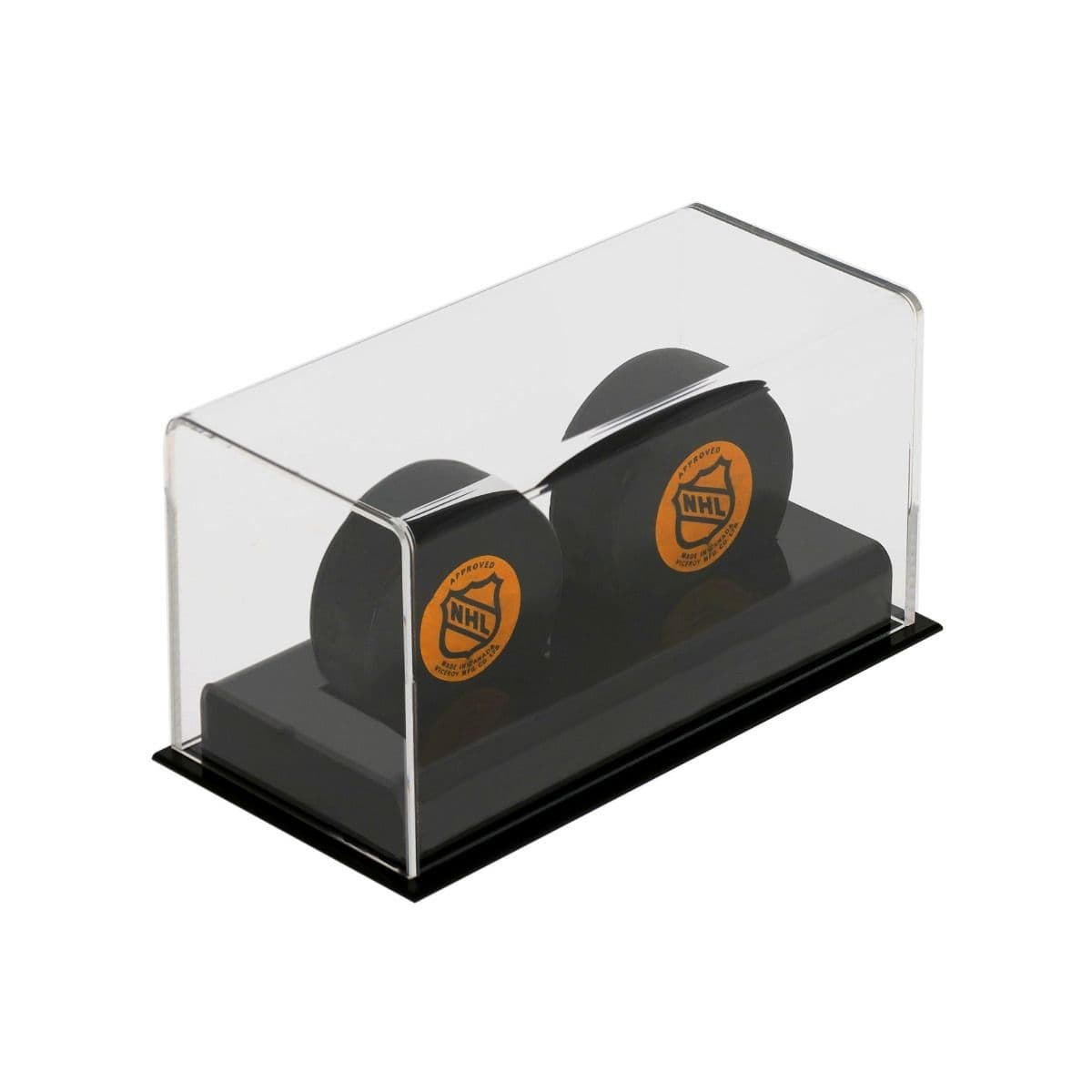 BCW Acrylic Double Hockey Puck Display with two pucks inside top angle