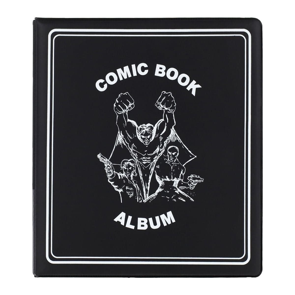 Photo showing the front cover of album. A graphic of super heroes and it says "COMIC BOOK ALBUM" is on the front. Album has white border around the edge of the the front cover as well.