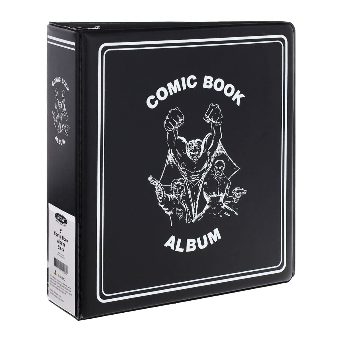 Photo of binder album at an angle that shows the cover and the spine. Both have a graphic of super heroes and it says "COMIC BOOK ALBUM" Album has white border around the edge of the the front cover and the same border line across the top of the spine.