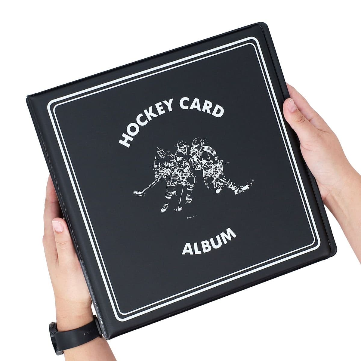 BCW 3 in. Album - Hockey - Black, Angled image, hand holding binder