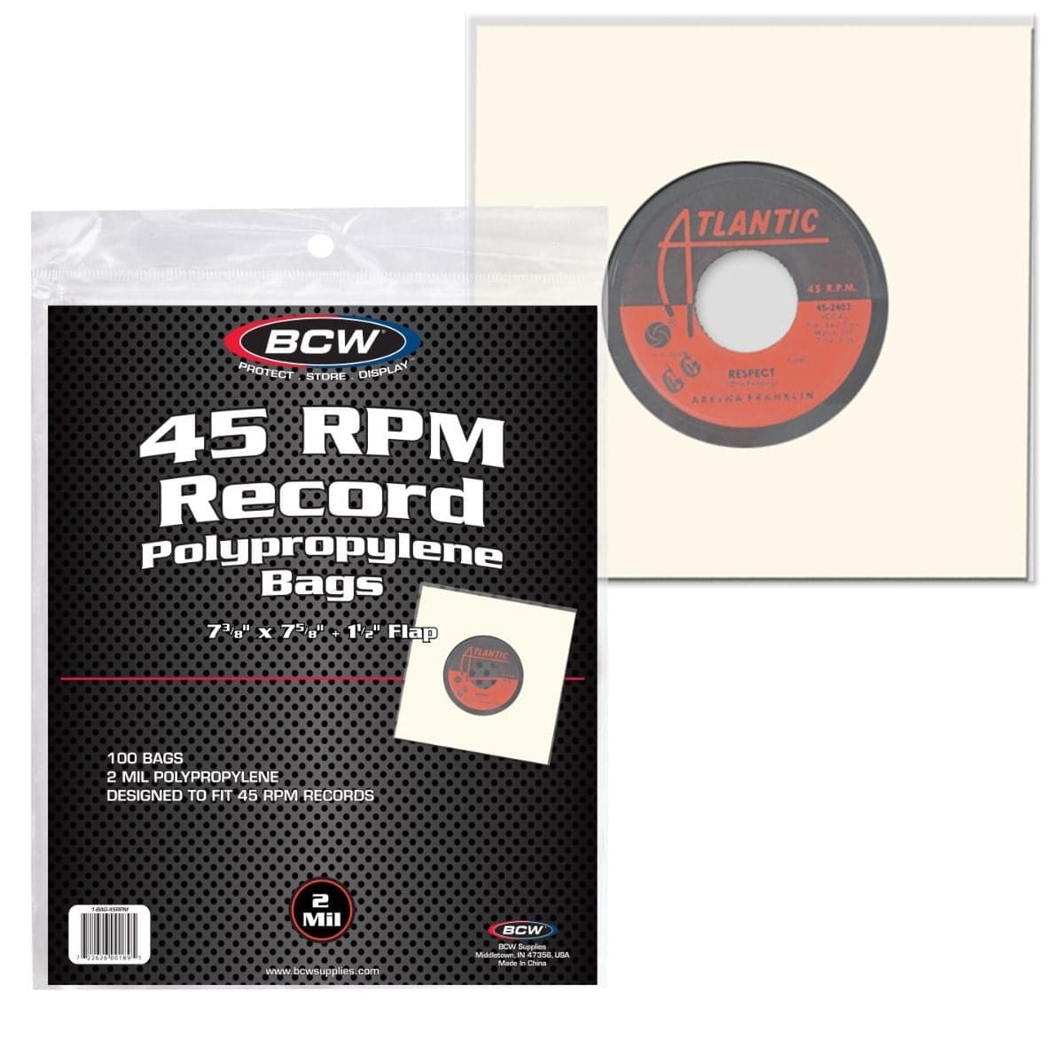 Package of BCW 45 RPM Record Bags on top of record in bag