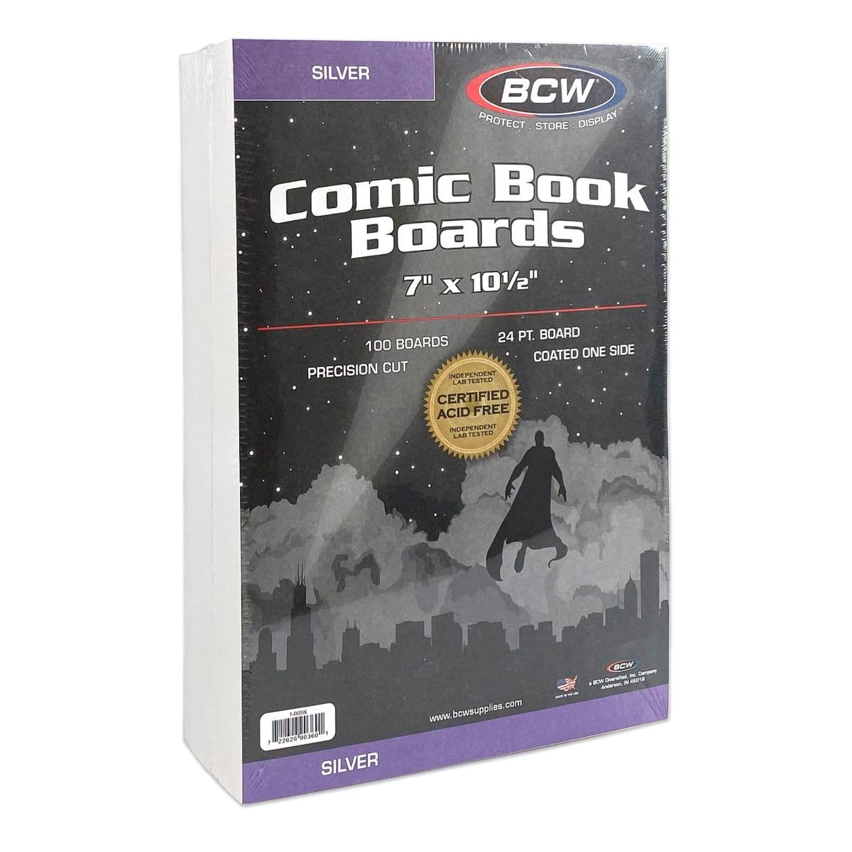 Package of BCW Silver Comic Book Boards, angled view, 100 per pack