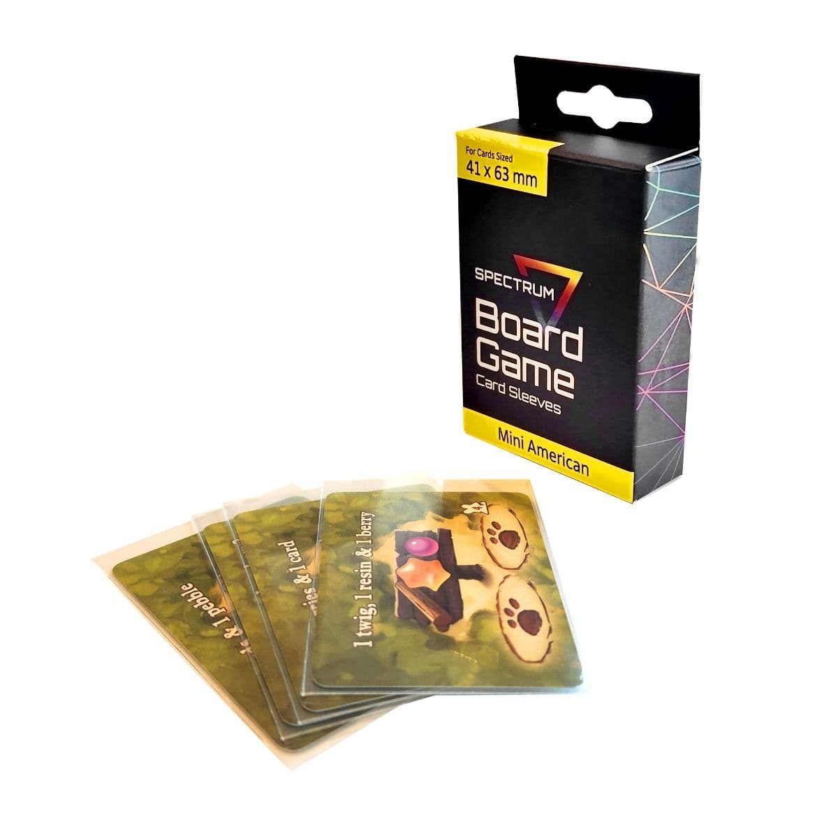 Package of Spectrum Board Game Sleeves - Mini American (41MM x 63MM) with 4 cards in sleeves spread