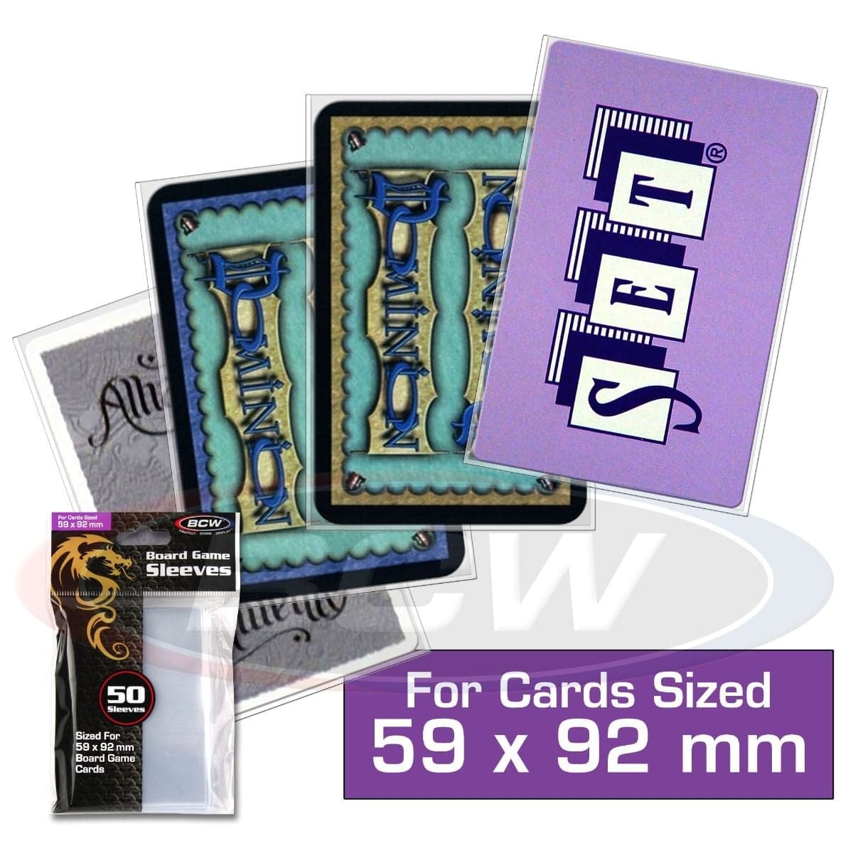 Cards inside BCW Board Game Sleeves - Std Euro (59MM x 92MM) with banner indicating applicable card size.